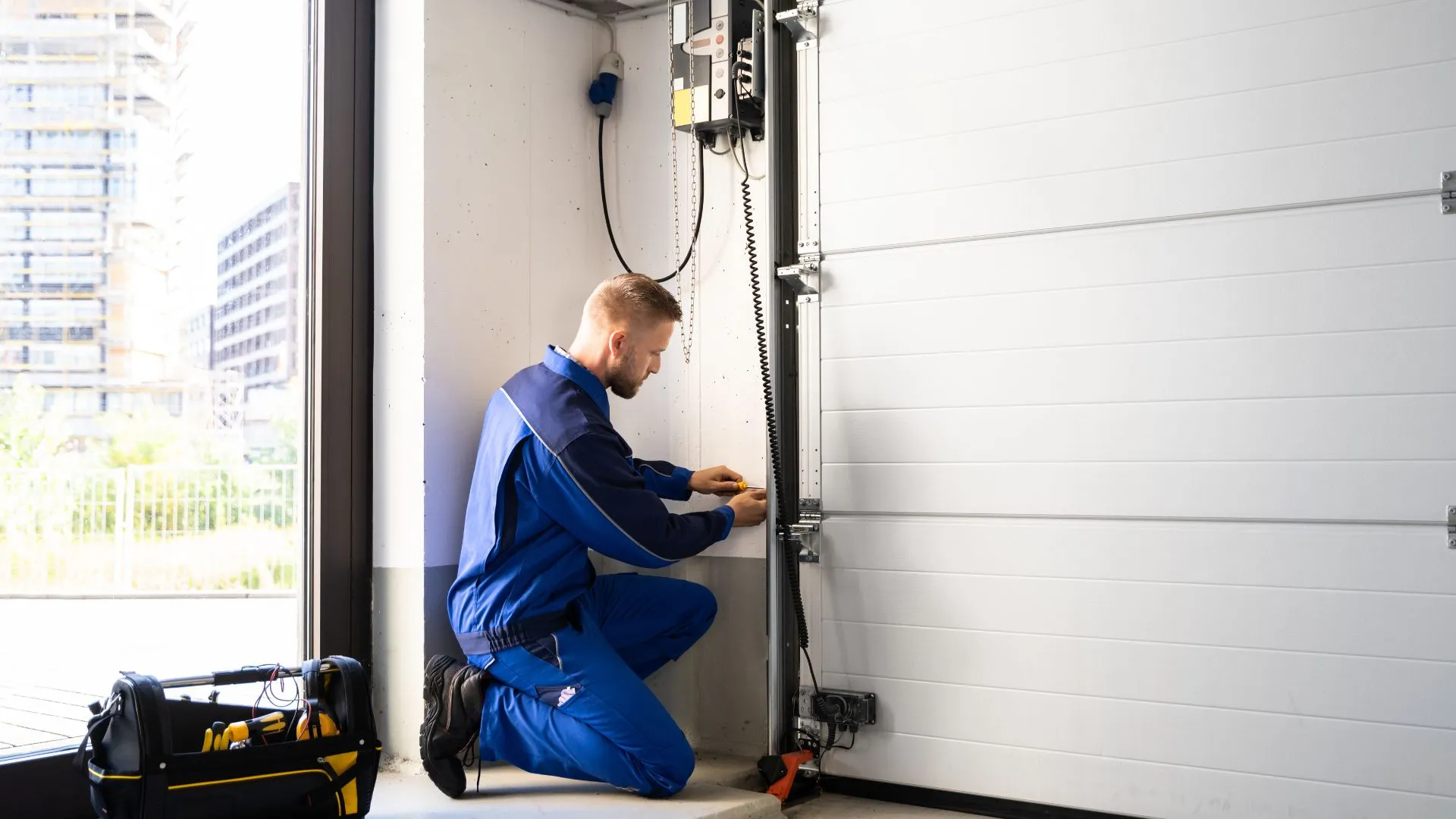 Garage door repair technician working